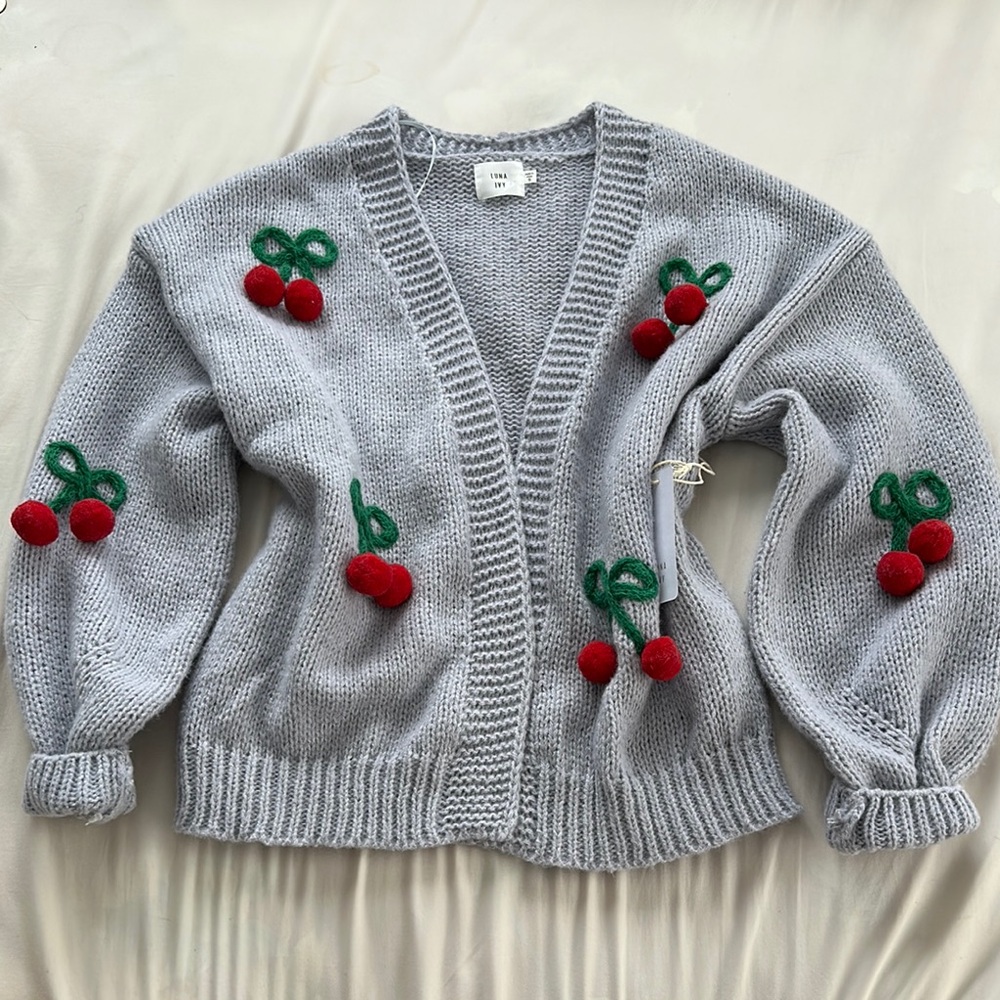 Luna Ivy Gray Cherry Embroidered Cardigan